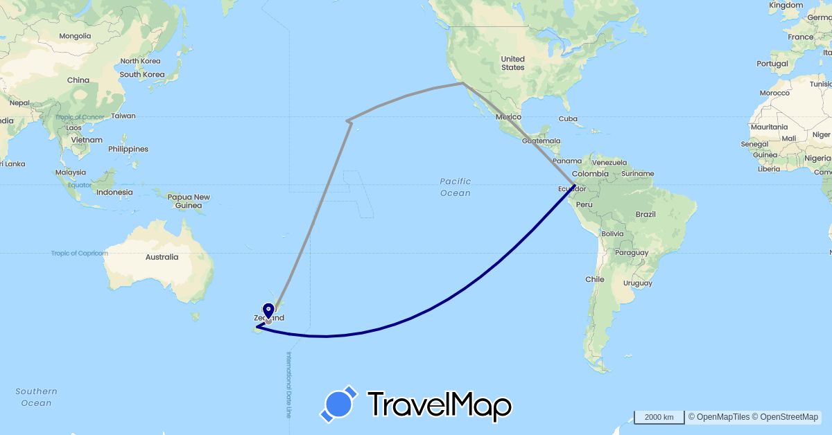 TravelMap itinerary: driving, plane in Ecuador, New Zealand, United States (North America, Oceania, South America)